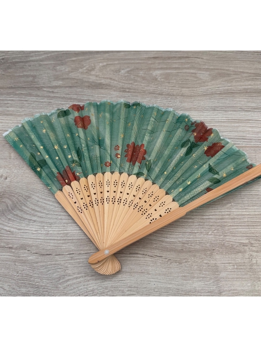 Green Floral Folding Hand Fan Wood Bamboo Style. Preowned